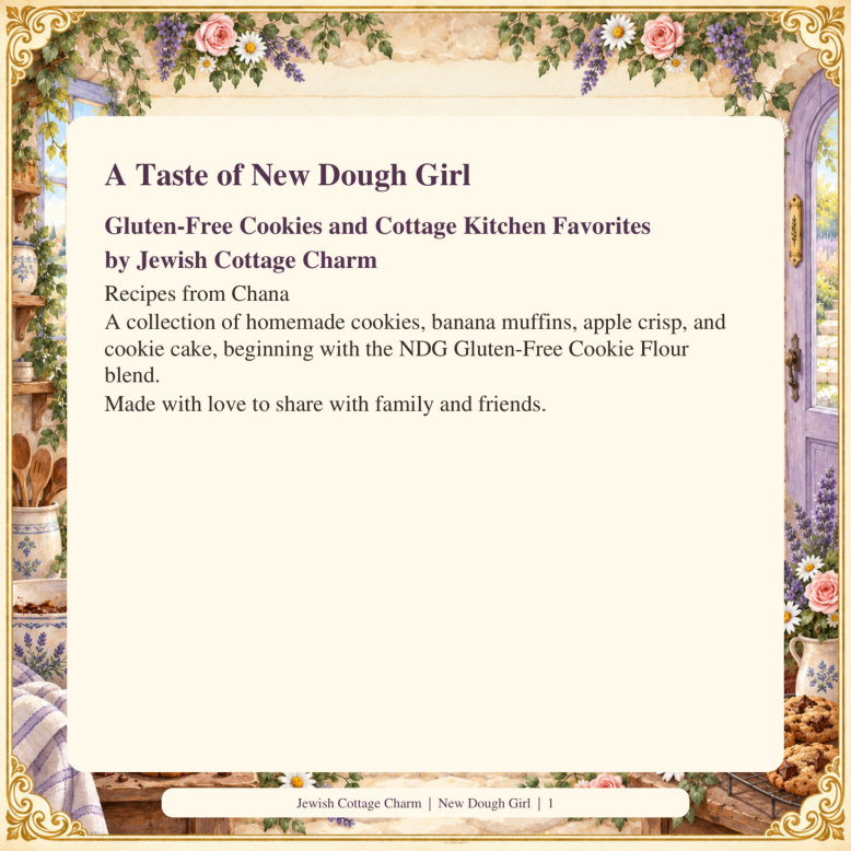 A Taste of New Dough Girl cookbook cover with a cream cottage kitchen and floral frame