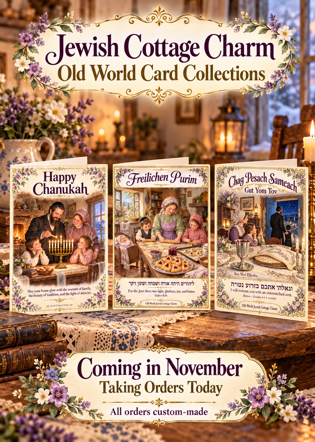 Jewish Cottage Charm Old World Card Collections: Chanukah, Purim, and Pesach cards. Coming in November. Taking orders today; all orders custom-made.